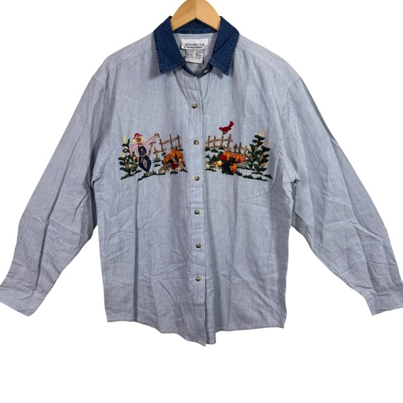 new directions Tops - Vintage Womens Shirt‎ Medium Striped Oversized 90s Button Down Fall Embroidery